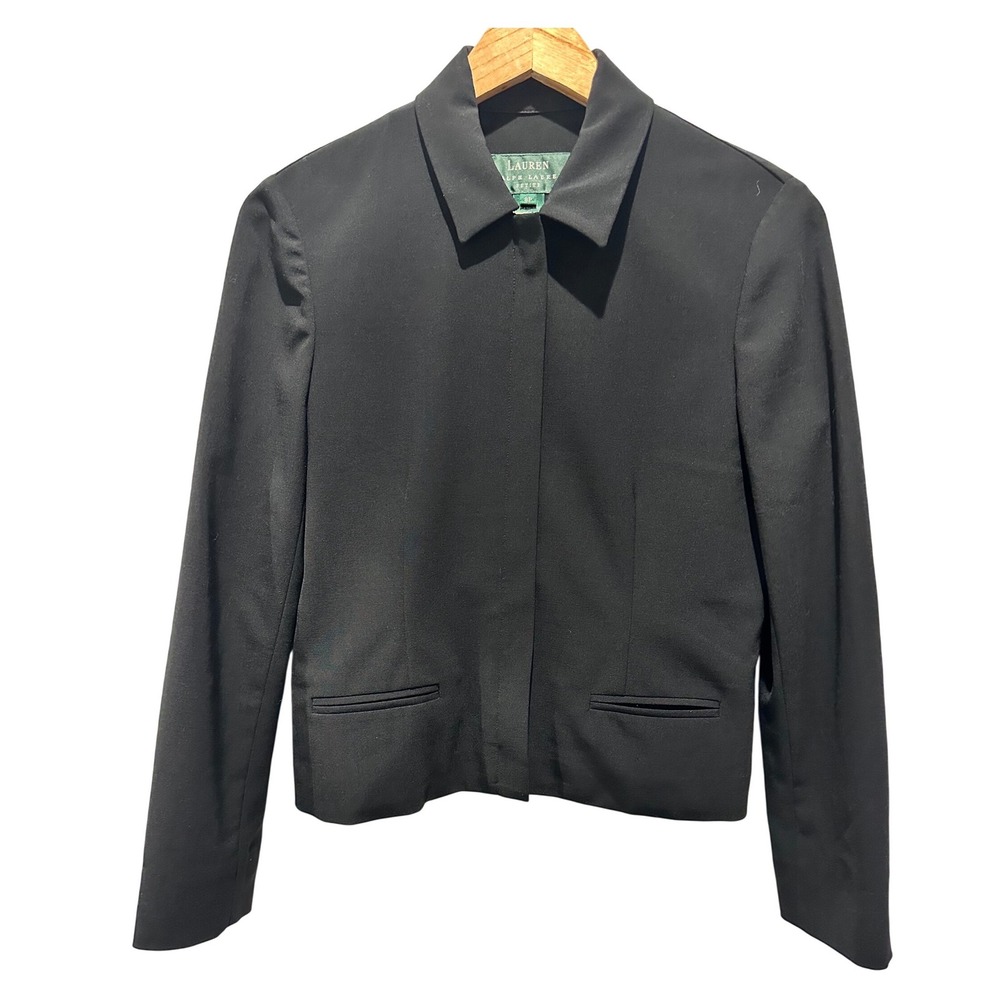 Lauren Ralph Lauren Blazer Women 8P Black Excellent Zip Front Wool Blend Petite